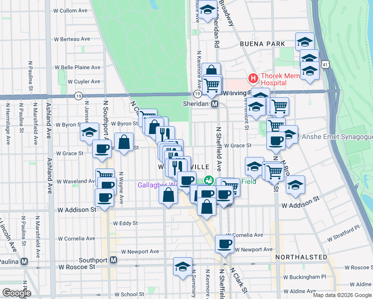 map of restaurants, bars, coffee shops, grocery stores, and more near 1105 West Grace Street in Chicago