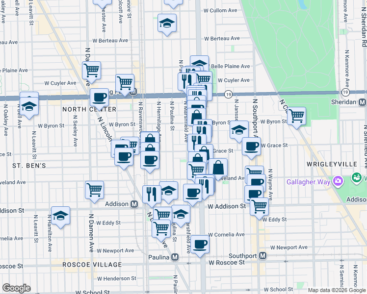 map of restaurants, bars, coffee shops, grocery stores, and more near 3808 North Marshfield Avenue in Chicago