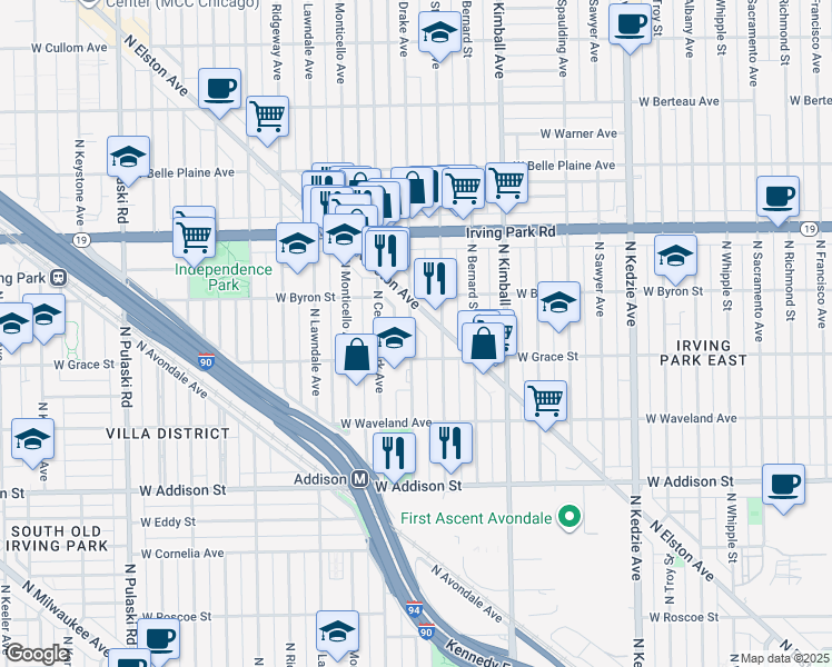 map of restaurants, bars, coffee shops, grocery stores, and more near 3811 West Byron Street in Chicago