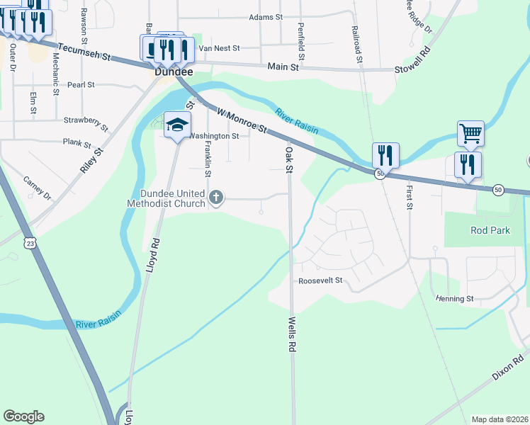 map of restaurants, bars, coffee shops, grocery stores, and more near 678 Oak Street in Dundee