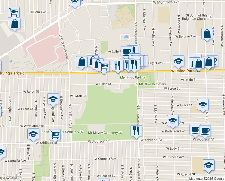 map of restaurants, bars, coffee shops, grocery stores, and more near 6523 West Byron Street in Chicago