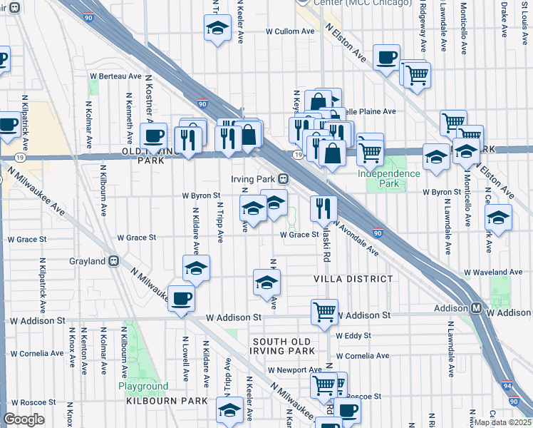 map of restaurants, bars, coffee shops, grocery stores, and more near 3832 North Kedvale Avenue in Chicago