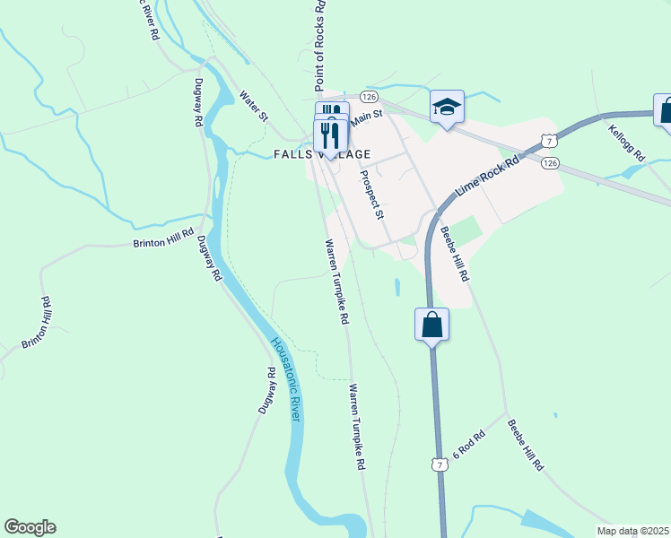 map of restaurants, bars, coffee shops, grocery stores, and more near Warren Turnpike Road in Canaan