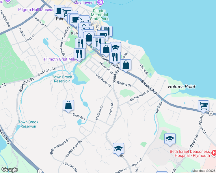 map of restaurants, bars, coffee shops, grocery stores, and more near 35 South Street in Plymouth