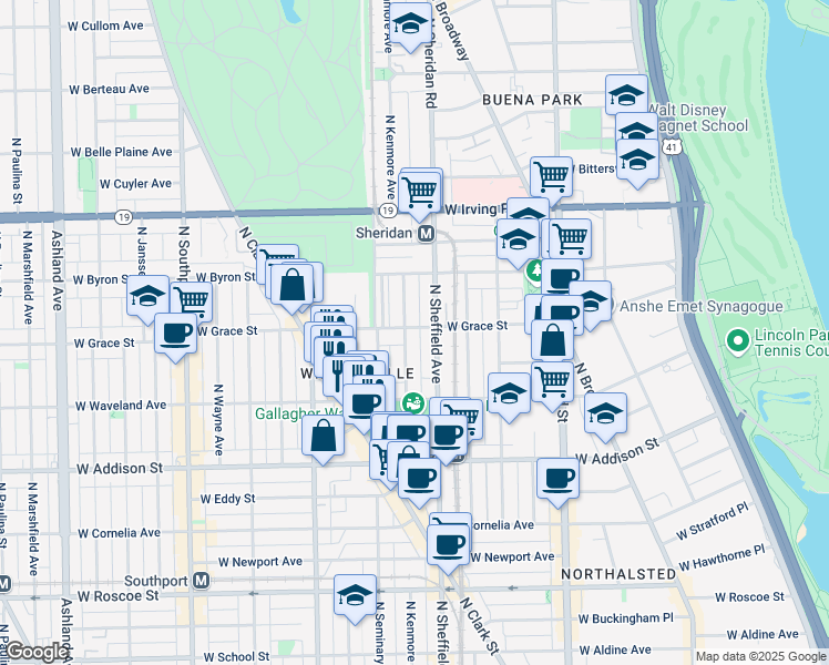 map of restaurants, bars, coffee shops, grocery stores, and more near 3765 North Kenmore Avenue in Chicago