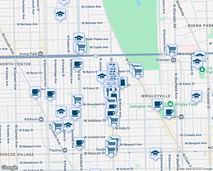 map of restaurants, bars, coffee shops, grocery stores, and more near 1420 West Grace Street in Chicago