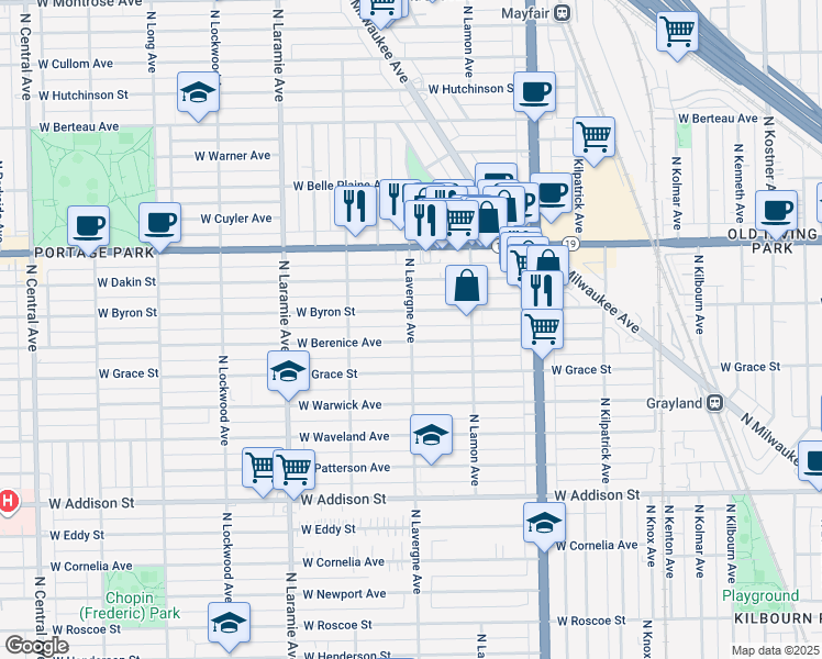 map of restaurants, bars, coffee shops, grocery stores, and more near 4943 West Berenice Avenue in Chicago