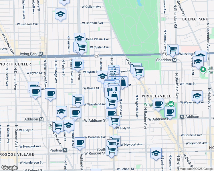 map of restaurants, bars, coffee shops, grocery stores, and more near 1420 West Grace Street in Chicago