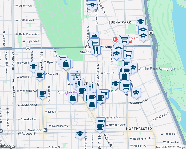 map of restaurants, bars, coffee shops, grocery stores, and more near 3751 North Kenmore Avenue in Chicago