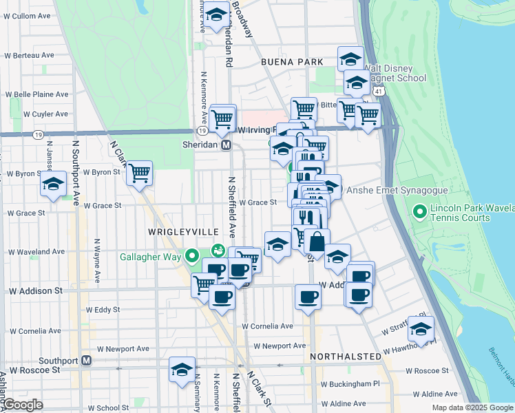 map of restaurants, bars, coffee shops, grocery stores, and more near 3763 North Wilton Avenue in Chicago