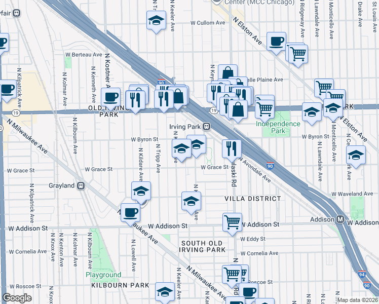 map of restaurants, bars, coffee shops, grocery stores, and more near 3815 North Kedvale Avenue in Chicago
