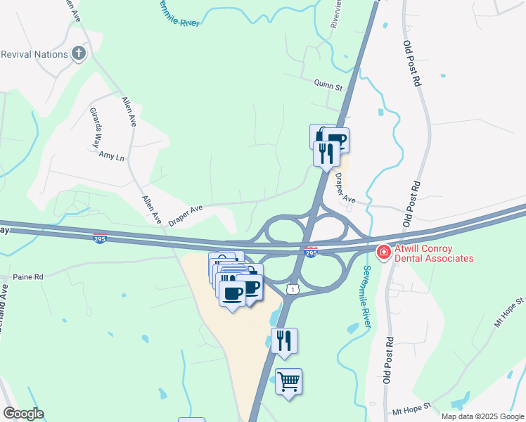 map of restaurants, bars, coffee shops, grocery stores, and more near 150 Draper Avenue in North Attleborough
