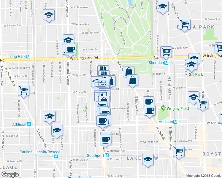 map of restaurants, bars, coffee shops, grocery stores, and more near W Grace St & N Wayne Ave in Chicago