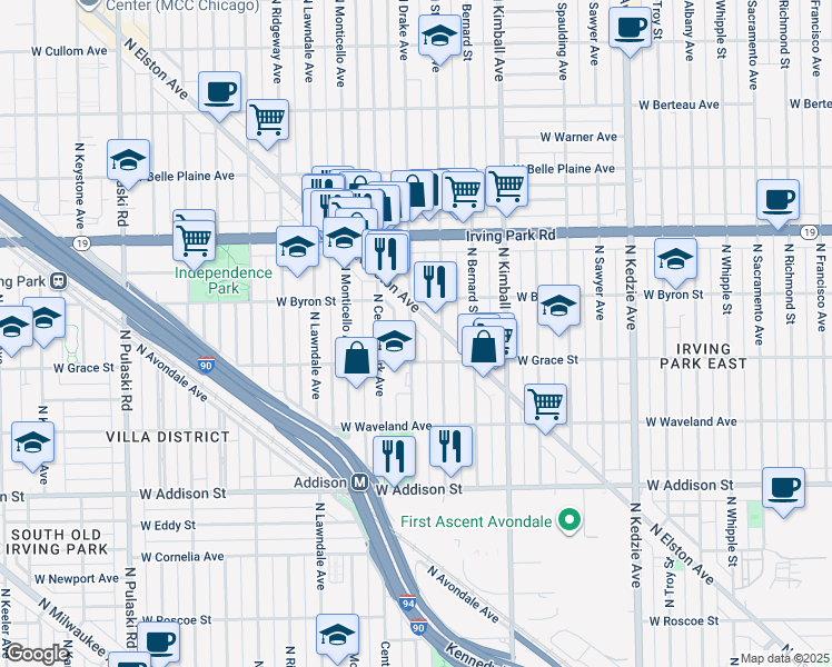 map of restaurants, bars, coffee shops, grocery stores, and more near 3825 North Drake Avenue in Chicago