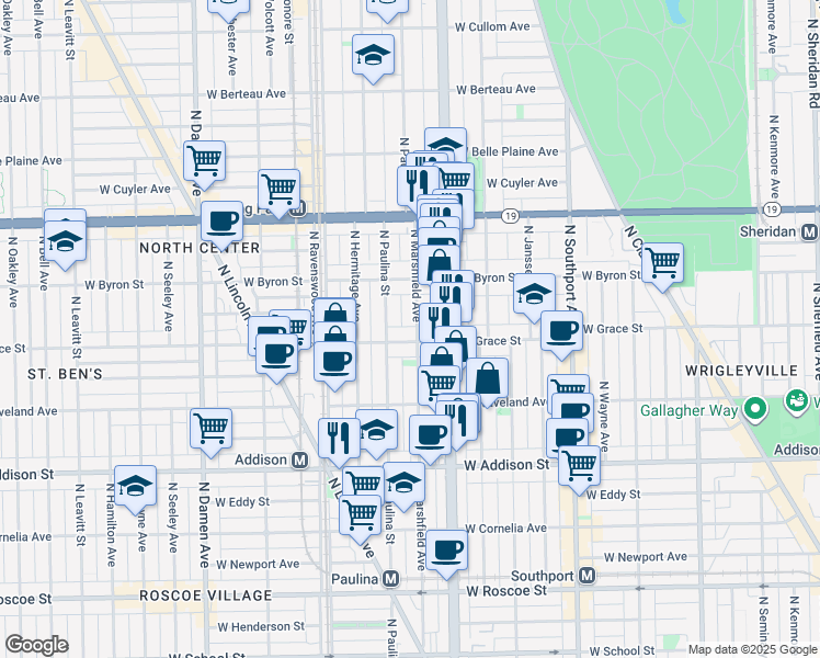 map of restaurants, bars, coffee shops, grocery stores, and more near 1639 West Grace Street in Chicago