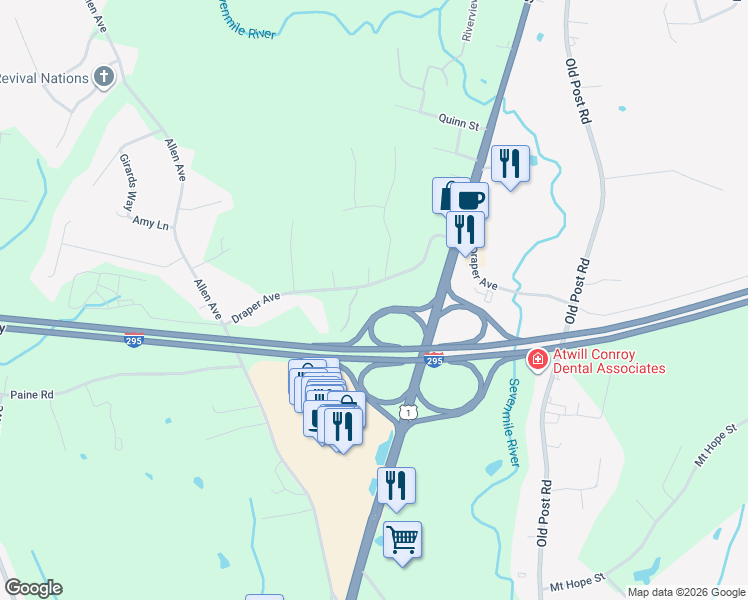 map of restaurants, bars, coffee shops, grocery stores, and more near 150 Draper Avenue in North Attleborough