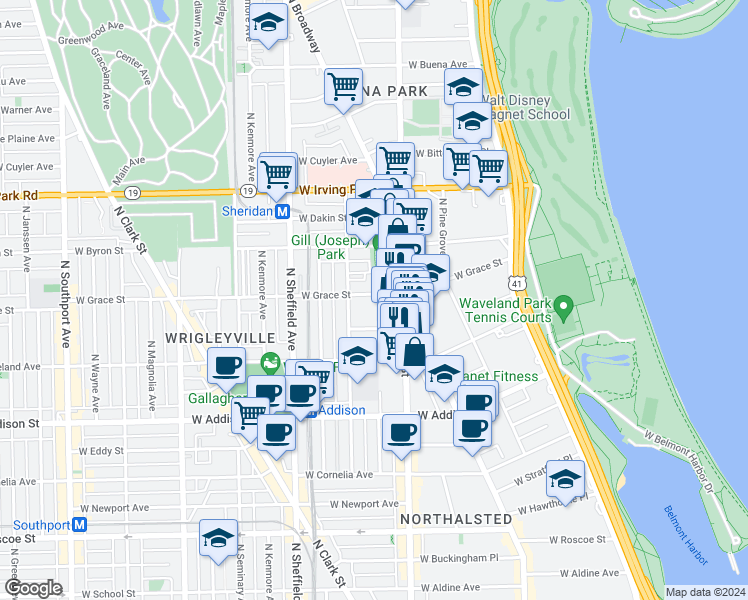 map of restaurants, bars, coffee shops, grocery stores, and more near 830 West Bradley Place in Chicago
