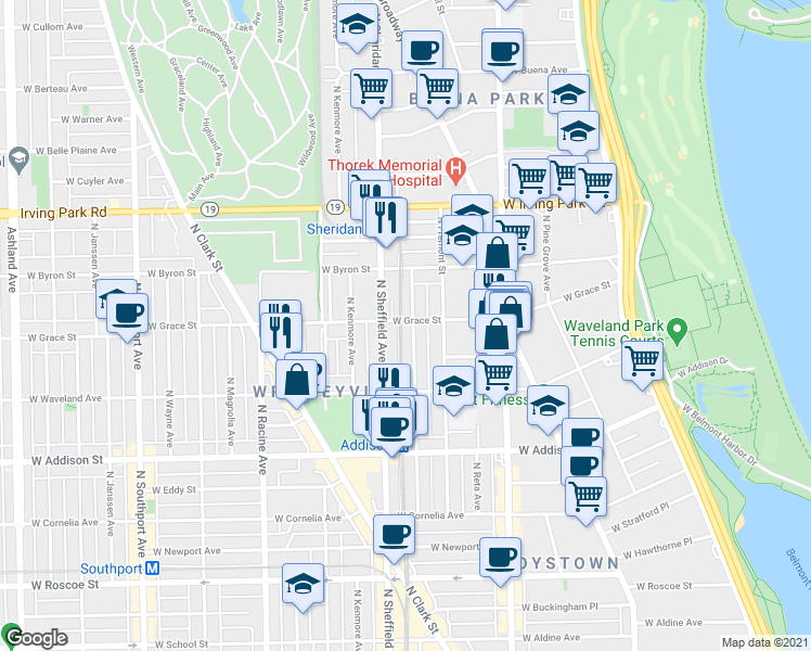 map of restaurants, bars, coffee shops, grocery stores, and more near 3745 North Sheffield Avenue in Chicago