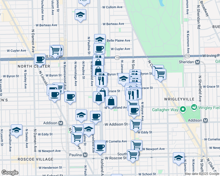 map of restaurants, bars, coffee shops, grocery stores, and more near 3755 North Bosworth Avenue in Chicago