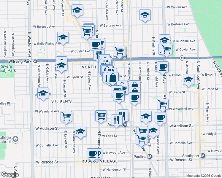 map of restaurants, bars, coffee shops, grocery stores, and more near 3801 North Lincoln Avenue in Chicago