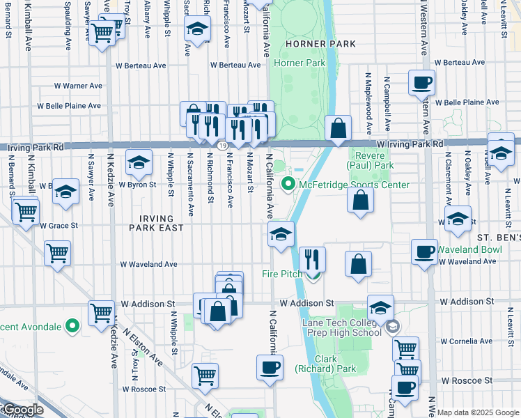 map of restaurants, bars, coffee shops, grocery stores, and more near 3755 North Mozart Street in Chicago