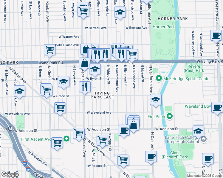 map of restaurants, bars, coffee shops, grocery stores, and more near 3802 North Sacramento Avenue in Chicago