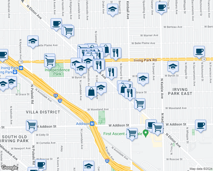 map of restaurants, bars, coffee shops, grocery stores, and more near 3811 West Byron Street in Chicago