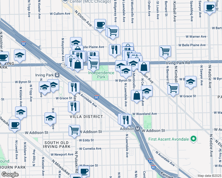 map of restaurants, bars, coffee shops, grocery stores, and more near 3810 North Hamlin Avenue in Chicago