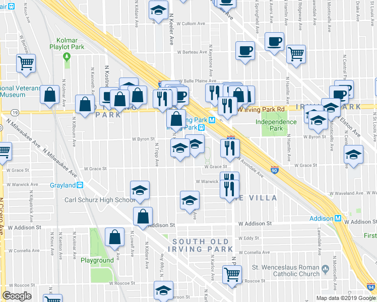 map of restaurants, bars, coffee shops, grocery stores, and more near 3815 North Kedvale Avenue in Chicago