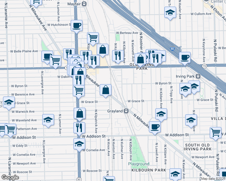 map of restaurants, bars, coffee shops, grocery stores, and more near 3828 North Milwaukee Avenue in Chicago