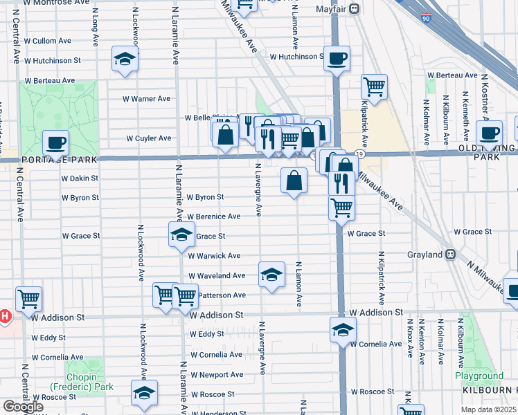 map of restaurants, bars, coffee shops, grocery stores, and more near 4943 West Berenice Avenue in Chicago