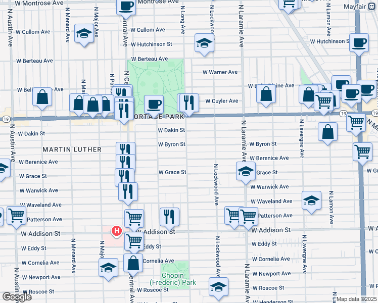 map of restaurants, bars, coffee shops, grocery stores, and more near 3824 North Long Avenue in Chicago