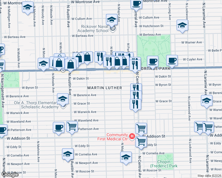 map of restaurants, bars, coffee shops, grocery stores, and more near 5740 West Berenice Avenue in Chicago