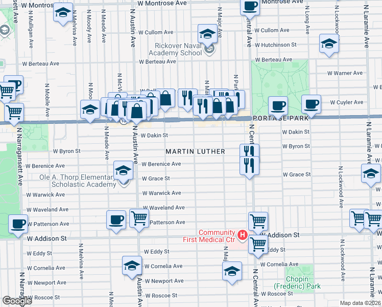 map of restaurants, bars, coffee shops, grocery stores, and more near 5812 West Berenice Avenue in Chicago