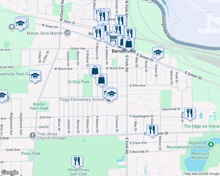 map of restaurants, bars, coffee shops, grocery stores, and more near 271 South Addison Street in Bensenville