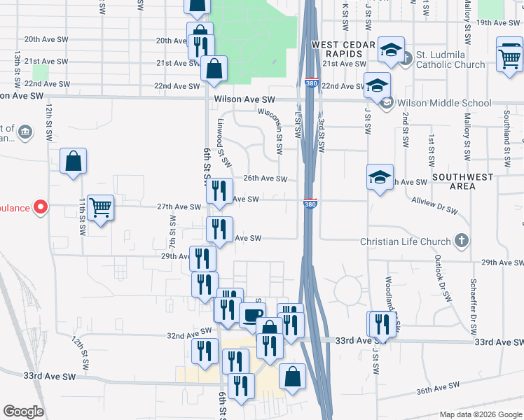 map of restaurants, bars, coffee shops, grocery stores, and more near 394 28th Avenue Southwest in Cedar Rapids