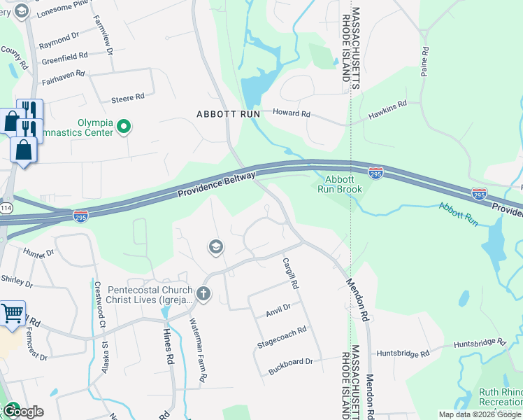 map of restaurants, bars, coffee shops, grocery stores, and more near 50 Abbott Run Valley Road in Cumberland