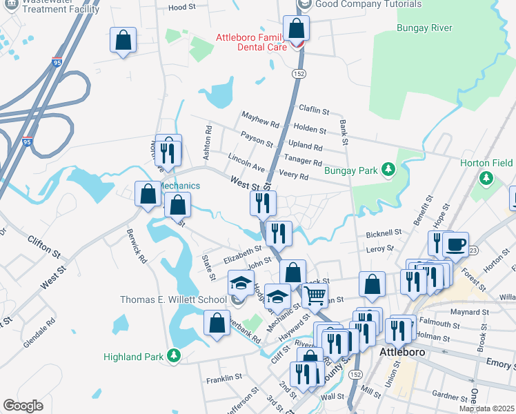 map of restaurants, bars, coffee shops, grocery stores, and more near 214 North Main Street in Attleboro