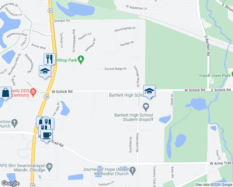 map of restaurants, bars, coffee shops, grocery stores, and more near 29W521 West Schick Road in Bartlett