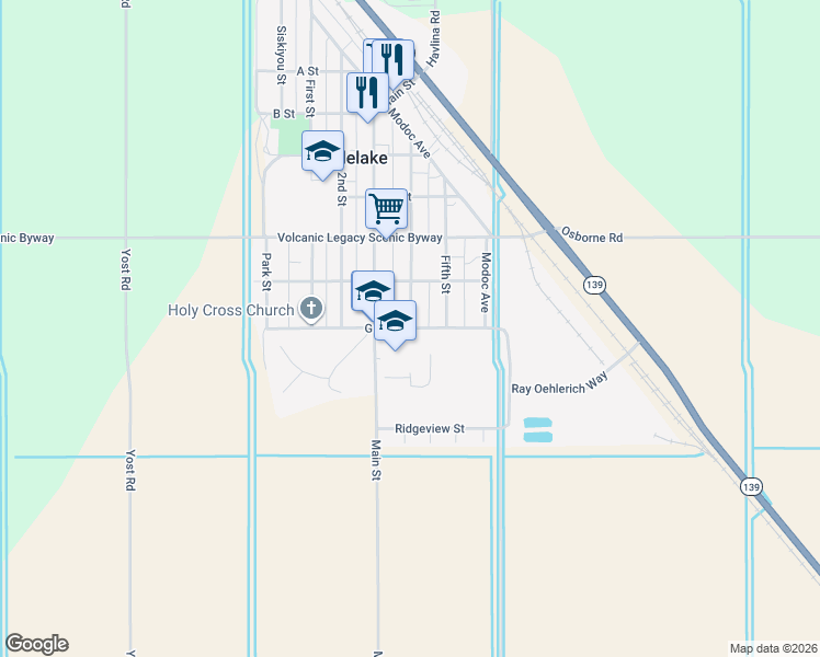 map of restaurants, bars, coffee shops, grocery stores, and more near 501 G Street in Tulelake