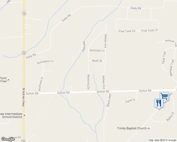 map of restaurants, bars, coffee shops, grocery stores, and more near 4151 Mckenna Drive in Adrian