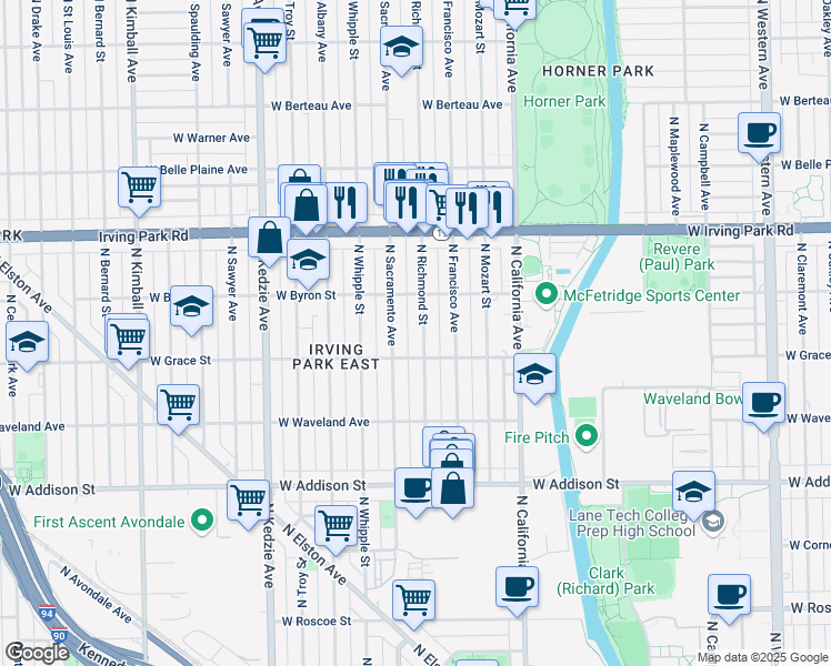 map of restaurants, bars, coffee shops, grocery stores, and more near 3802 North Richmond Street in Chicago
