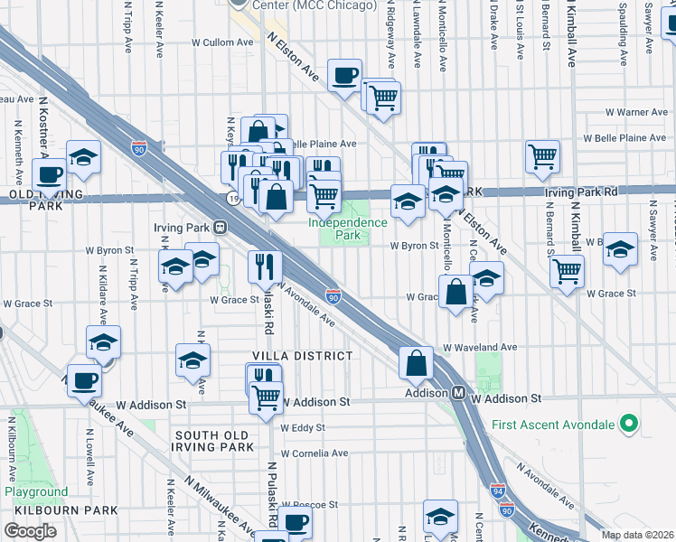 map of restaurants, bars, coffee shops, grocery stores, and more near 3813 North Springfield Avenue in Chicago