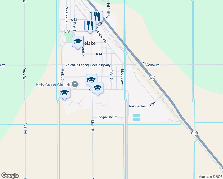 map of restaurants, bars, coffee shops, grocery stores, and more near 601 G Street in Tulelake