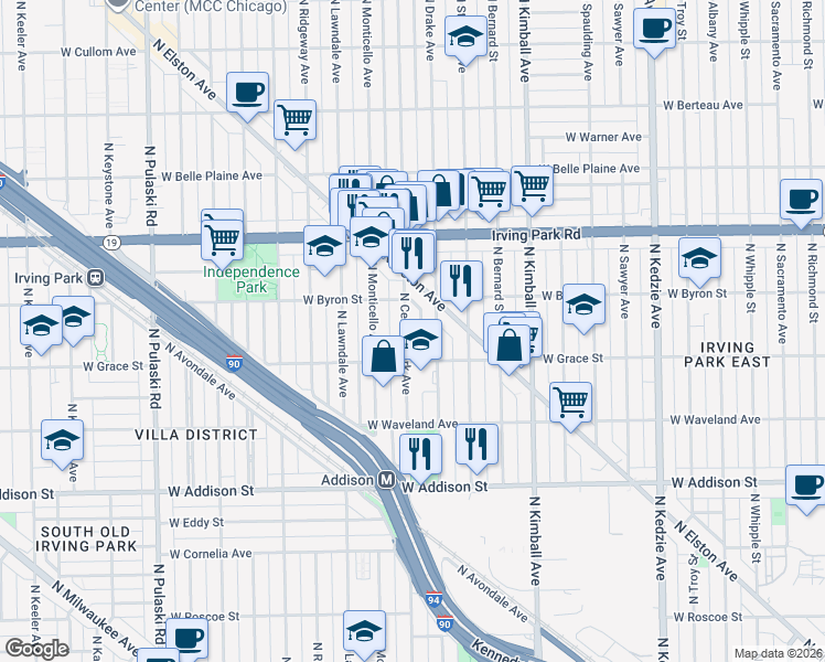 map of restaurants, bars, coffee shops, grocery stores, and more near 3811 West Byron Street in Chicago