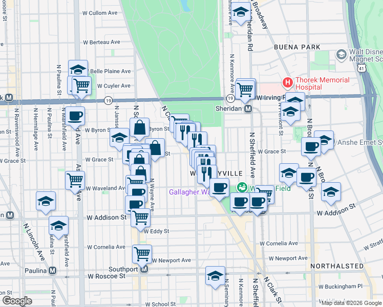 map of restaurants, bars, coffee shops, grocery stores, and more near N Clark St & W Grace St in Chicago