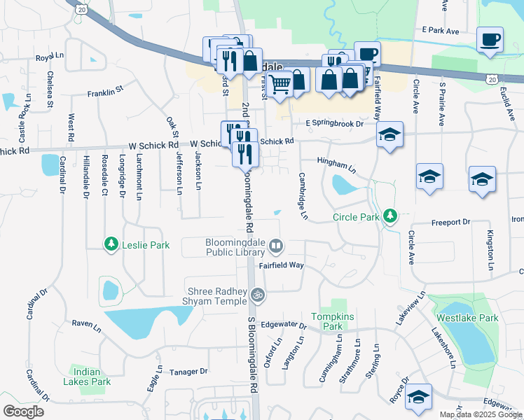 map of restaurants, bars, coffee shops, grocery stores, and more near 177 South Bloomingdale Road in Bloomingdale