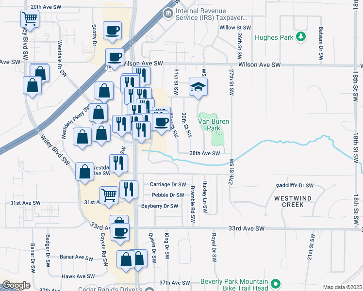 map of restaurants, bars, coffee shops, grocery stores, and more near 3009-3015 28th Avenue Southwest in Cedar Rapids