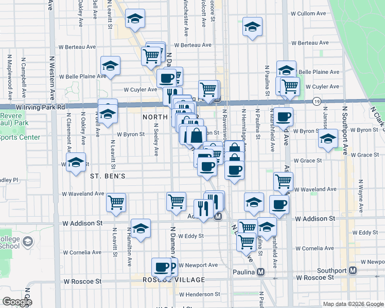 map of restaurants, bars, coffee shops, grocery stores, and more near 3801 North Lincoln Avenue in Chicago