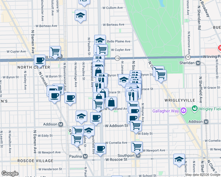 map of restaurants, bars, coffee shops, grocery stores, and more near 3810 North Greenview Avenue in Chicago